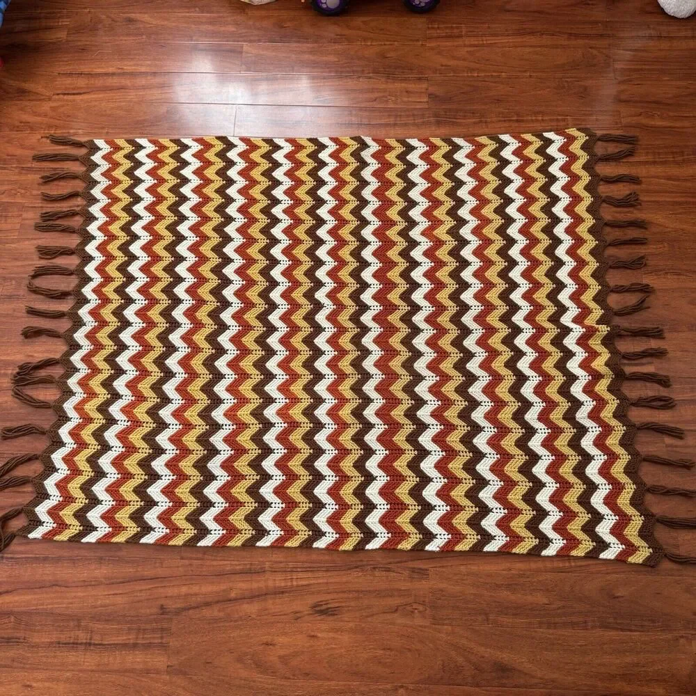 Vintage Handmade Crochet Afghan Throw Blanket Red Brown‎ Yellow White 47.5x65
